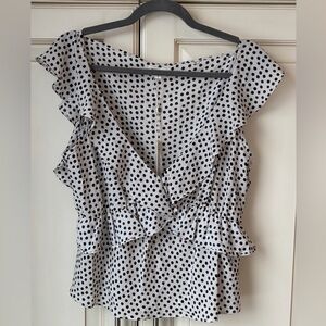 NWT Max Studio London White and Black Polka Dot Blouse with Ruffles. Med-Large